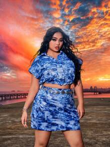 SHEIN SXY Plus Size Spring/Summer Music Festival Patchwork Printed Drawstring Short Sleeve Top And Midi Skirt