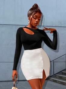 RueChic Cut Out Rib-knit Tee - Black - View 1