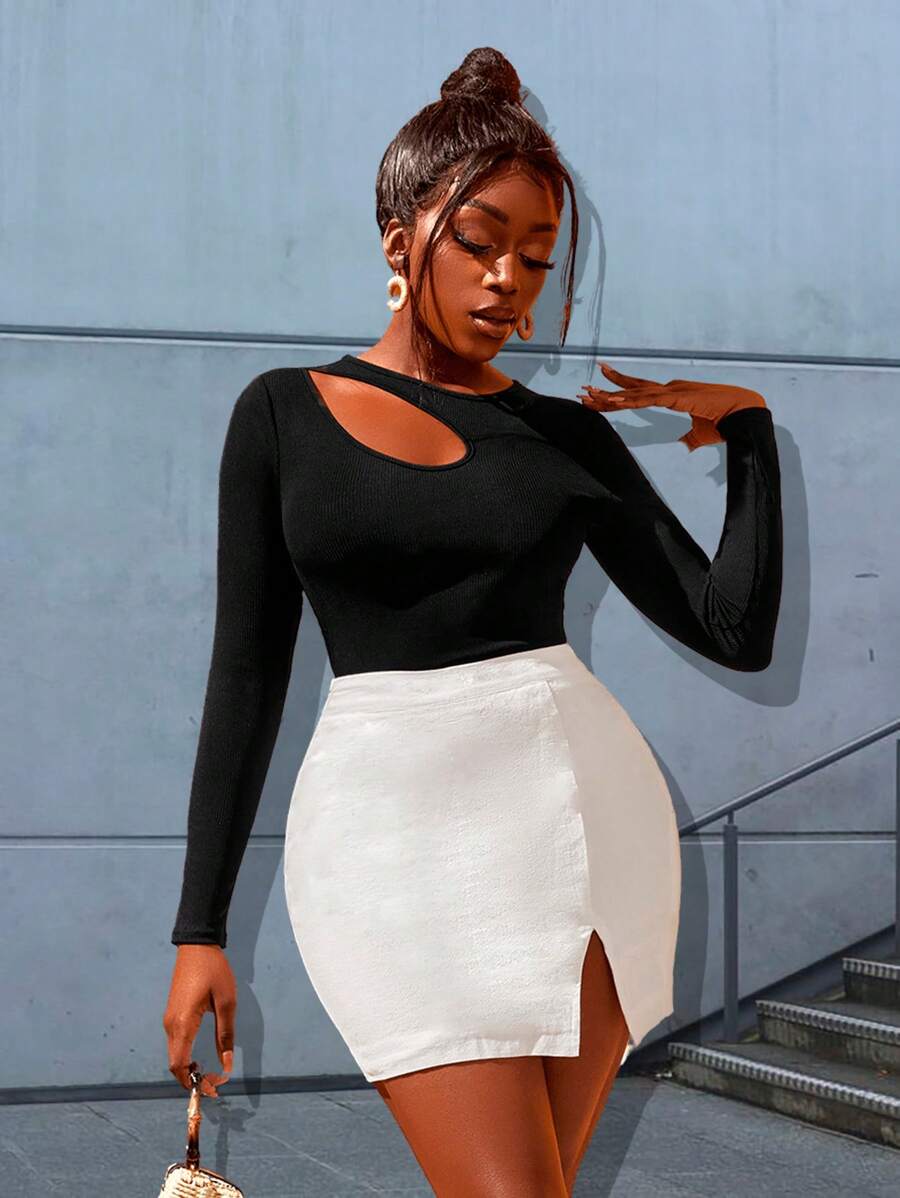 RueChic Cut Out Rib-knit Tee - Black - View 1