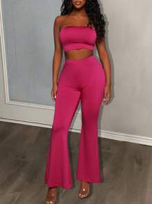 Slaydiva 粉紅色無肩帶上衣配褲子 - 玫紅色 - 查看 1