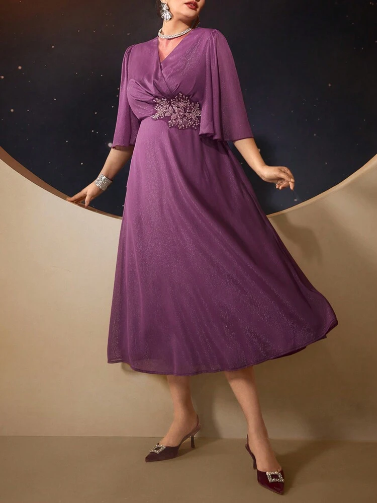 Plus Size Women's Floral Decor Waist Ruched Peplum Sleeve Dress,Elegant Evening Party Dress Long Evening Dresses