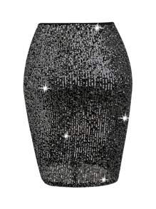 SHEIN BAE Plus Size Women's Sparkling Sequin Skirt - Black - View 2