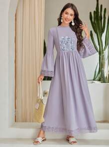 Mulvari Women'S Floral Embroidery Lace Patchwork Waist-Cinching Dress Eid Dress - Dusty Purple - View 4
