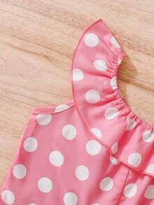 SHEIN Bộ áo liền quần xếp nếp in họa tiết chấm bi cho cô gái trẻ với thiết kế trễ vai - Hồng - Xem 5