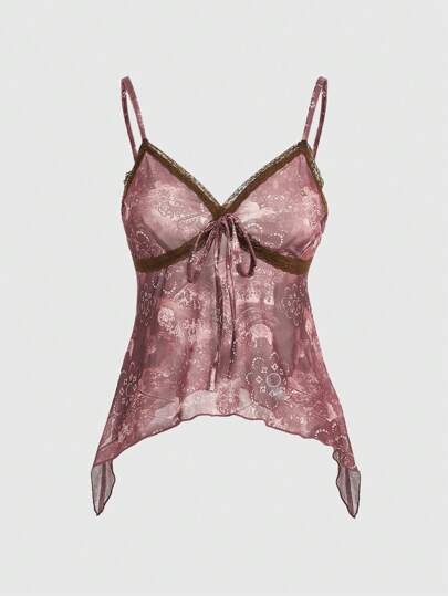 Hippie Top de tirantes con estampado floral con cordón delantero