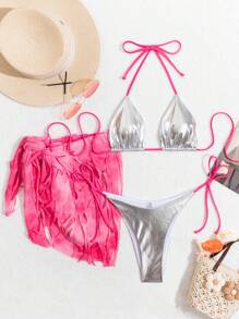 Swim EVENT Conjunto de bikini halter con escote en V y colores contrastantes, traje de baño con falda cubierta, atuendo de playa para festival de música y vacaciones de verano