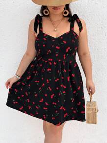 SHEIN CURVE+ 大尺碼櫻桃印花肩帶背心裙（附腰帶） - 黑色 - 查看 4