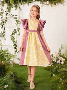 SHEIN Vestido de jacquard tejido para niña adolescente con bordado de parches de diferentes colores y volantes en el dobladillo, con cintura elástica - Rosa vieja - Ver 5