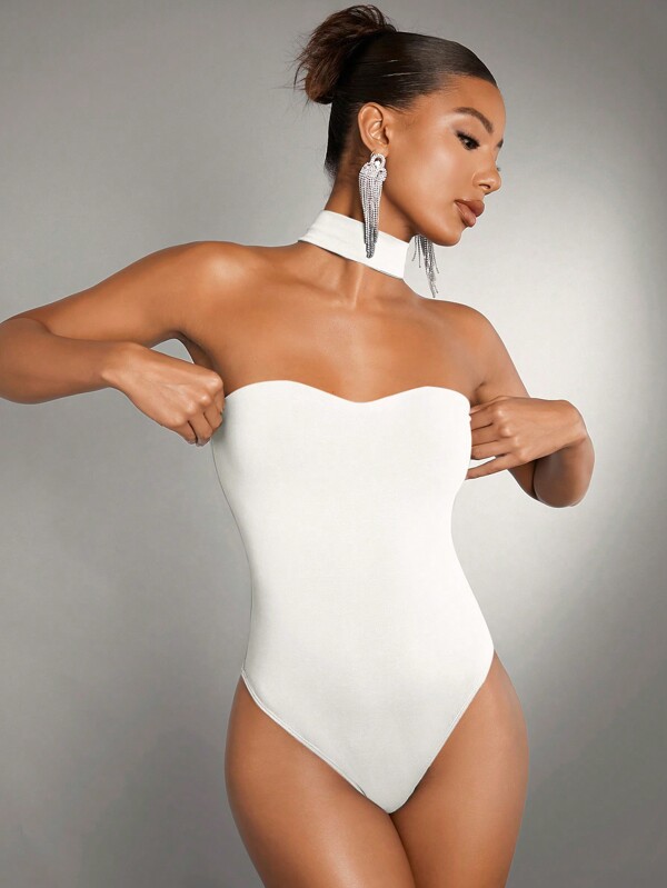 SHEIN BAE 단색 슬림 핏 초커 넥 바디수트