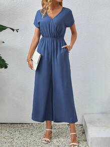 EMERY ROSE 實色交叉v領斜口袋連體褲 - 藍色 - 查看 3