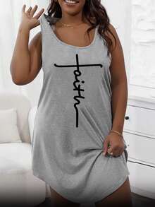 SHEIN EZwear Kích thước lớn Của phụ nữ Lá thư In Không tay Váy ba lỗ - Xám - Xem 5