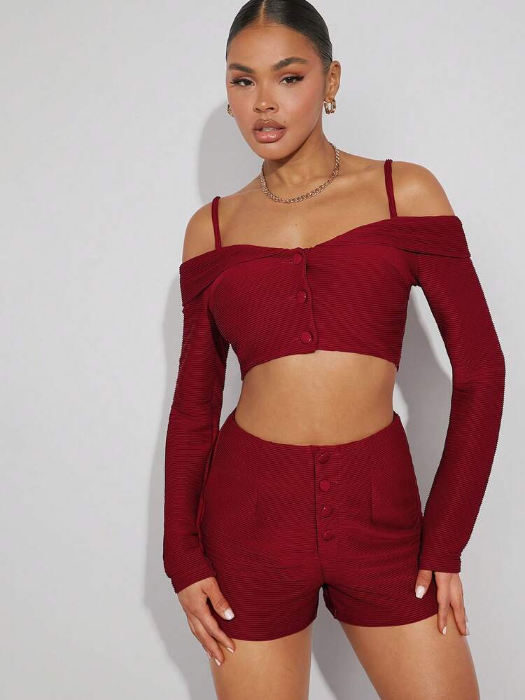 Button Foldover Crop Top & Shorts Two Pieces Set