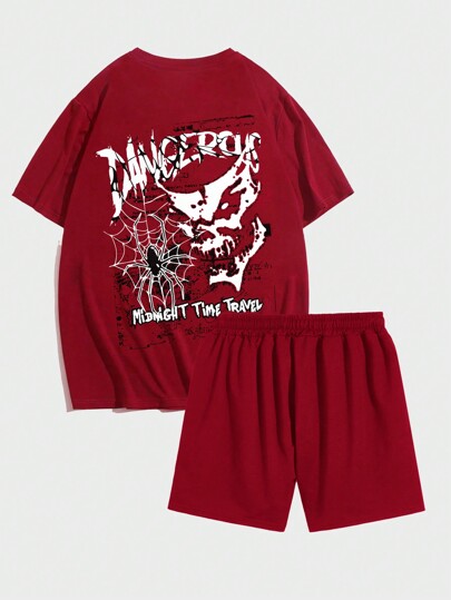Goth Männer Totenkopf & Spinne & Buchstaben Gedrucktes T-shirt Und Shorts Set