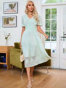 GENKIRA Jacquard Waist Cinched Short Sleeve Dress - Green - View 1
