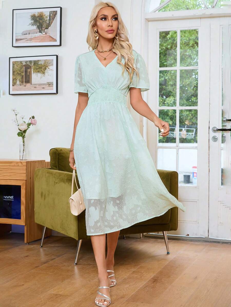 GENKIRA Jacquard Waist Cinched Short Sleeve Dress - Green - View 1