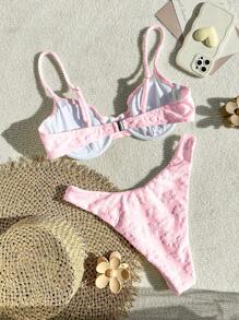 Swim Mod 女士單色花卉提花泳衣套裝，帶鋼圈比基尼套裝，沙灘裝夏日假期 - 粉色 - 查看 2