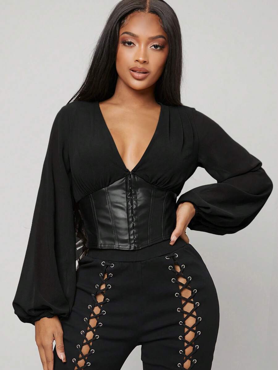 SHEIN Unity Pu皮質燈籠袖束腰上衣 - 黑色 - 查看 1