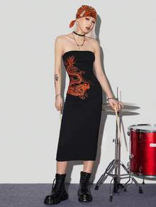SHEIN Coolane Chinese Dragon Printed Strapless Dress - Red - View 8