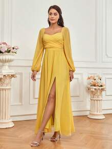 SHEIN Belle Bridesmaid Dress With Sweetheart Neckline, Sheer Lantern Sleeve, Split Hem