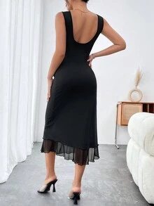 SHEIN Privé Váy xẻ lưng thấp màu trơn - màu đen - Xem 2