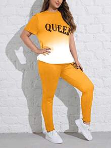 Flirla Plus Size Gradient Letter Printing Short Sleeve Top And Leggings - Yellow - View 5