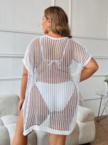 SHEIN Swim Curve Summer Plus Size Solid Color Hollow Out Knit Cover Up
