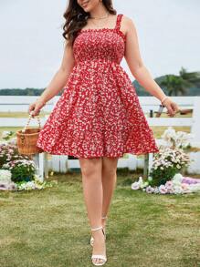 SHEIN LUNE Vestido de tirantes finos con estampado bohemio y ribete de volantes para ropa de Año Nuevo, tallas grandes para el verano - Rojo - Ver 4