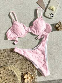 Swim Mod 女士單色花卉提花泳衣套裝，帶鋼圈比基尼套裝，沙灘裝夏日假期 - 粉色 - 查看 1