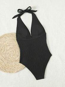 SHEIN Swim Summer Beach Solid Color Halter Neck One-Piece Swimsuit - Black - View 7