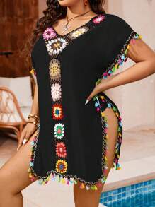 Swim Vcay Summer Beach Plus Size Crochet Flower Decor V-Neck Kimono Dress With Tassel And Fringe Hem, Short Sleeve Cruise Outfit Beach Outfit Vacay Vibe - Black - View 3