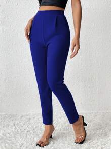 SHEIN PETITE Solid Color Tapered Spring Women Pants - Royal Blue - View 6