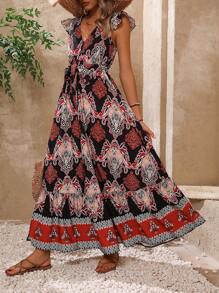 Breezaya Ladies' Vintage Ruffle Trim Printed Dress - Multicolor - View 1