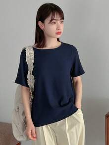 FRIFUL Designer Của phụ nữ Vòng cổ Màu thuần Áo thun - Màu xanh hải quân - Xem 4