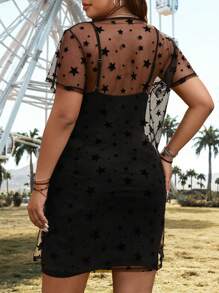 SHEIN EZwear Plus Size Star Print Mesh Dress And Solid Color Bodycon Slip Dress - Black - View 2