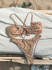 SHEIN Swim Women's Solid Color Back Cross Separated Bikini Set Summer Beach - Khaki - View 3