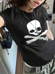 INAWLY 女士骷髅印花圆领短袖 T 恤 情绪化图案 T 恤 女式上衣 - 黑色 - 查看 1