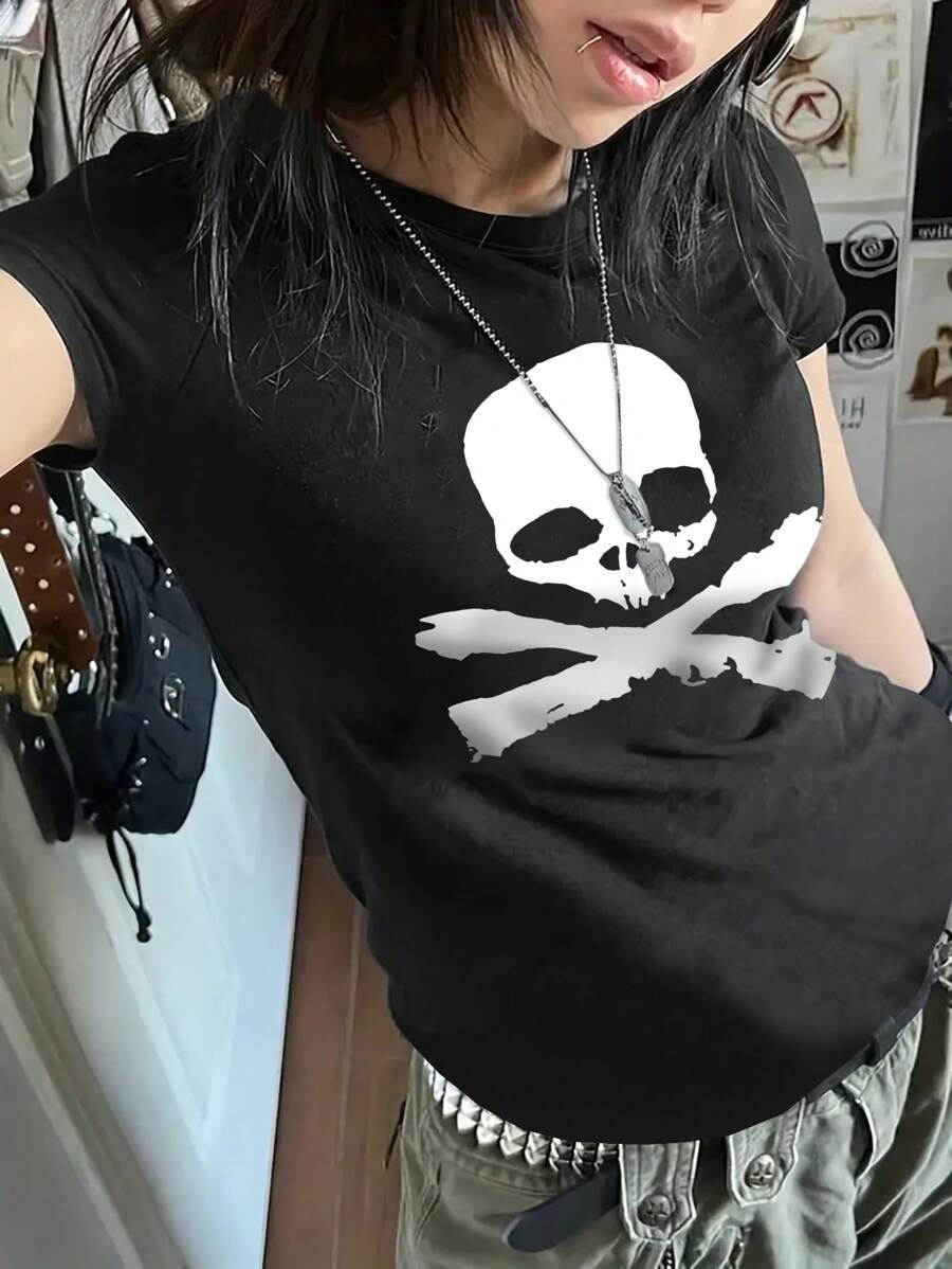 INAWLY 女士骷髅印花圆领短袖 T 恤 情绪化图案 T 恤 女式上衣 - 黑色 - 查看 1