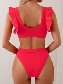 SHEIN Swim 夏季海滩女士纯色荷叶边比基尼套装 - 紅色 - 查看 3