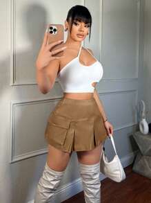 SHEIN SXY Váy công sở nữ có túi chữ A xếp li - Rỉ Nâu - Xem 2