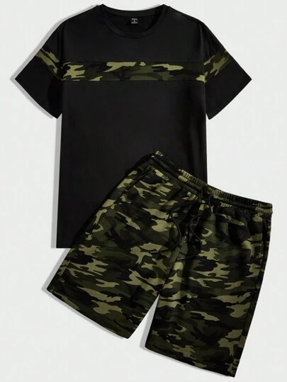 Manfinity VCAY Men's Camouflage Print Knit Short Sleeve T-Shirt And Shorts Set Summer Outfit