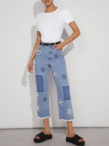 Denimoi 休闲星星贴片磨边七分牛仔裤 - 淺色水洗藍 - 查看 3