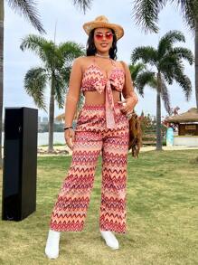 Flirla Plus Size Women's Wave Stripe Print Tie Front Halter Neck Tank Top And High Waisted Wide Leg Pants Set - Multicolor - View 5