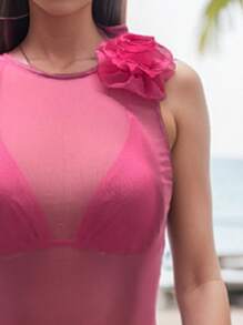 SHEIN Swim Lace Trim Asymmetrical Hem Swimsuit Cover Up Dress Summer - Pink - View 3