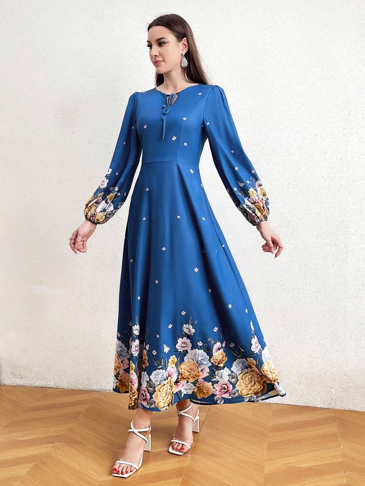 Women's Floral Printed Lantern Sleeve Dress With Defined Waist
