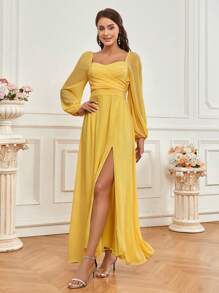 SHEIN Belle Bridesmaid Dress With Sweetheart Neckline, Sheer Lantern Sleeve, Split Hem