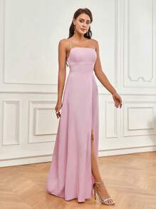 SHEIN Belle Elegante y romántico vestido rosa con tirantes de satén que envuelve el pecho y la espalda con tiras cruzadas y hermoso diseño en forma de A en la espalda, con abertura alta lateral y tirantes de espagueti. Vestido elegante y romántico para mujeres adecuado para banquete de vacaciones, vestido de dama de honor para adultos - Rosa - Ver 6