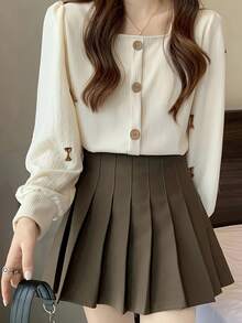 女士时尚纯色长袖纽扣领衬衫、长袖上衣 - 杏色 - 查看 5