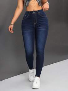 SHEIN PETITE Slim Fit Casual Jeans - Dark Wash - View 5