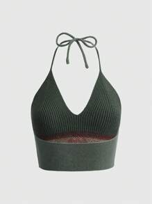 ROMWE Fairycore 蘑菇圖案後背繫帶吊脖針織上衣 - 綠色 - 查看 2