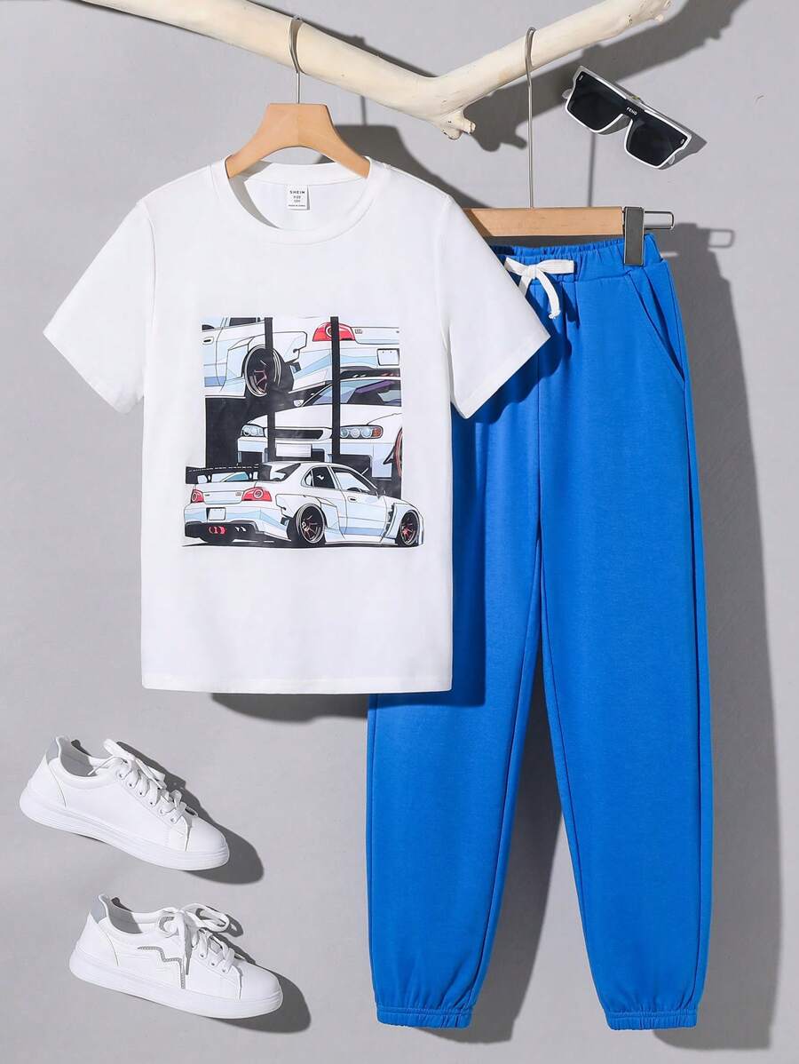 SHEIN Tween Boy Loose Fit Casual Car Pattern Knitted Short Sleeve T-Shirt And Pants Set - White - View 1